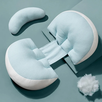 Getblissyneck adjustable pregnancy support pillow in light blue with soft cushioning and ergonomic design