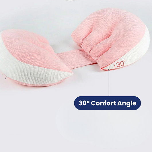Pink and white Adjustable Pregnancy Support Pillow with 30 degree comfort angle for ergonomic support