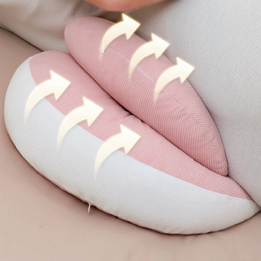 Adjustable Pregnancy Support Pillow in pink and white showing breathable fabric with airflow arrows