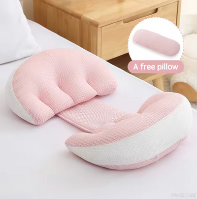 Adjustable Pregnancy Support Pillow in pink and white with ergonomic design and a free small pillow included