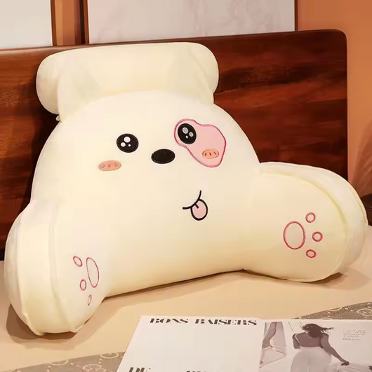 Cute bear shaped Bed Reading Lumbar Pillows in cream color with embroidered face and paw details