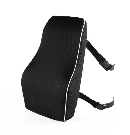 Black Deskchair Lumbar Support Pillow with adjustable straps and white trim for back comfort