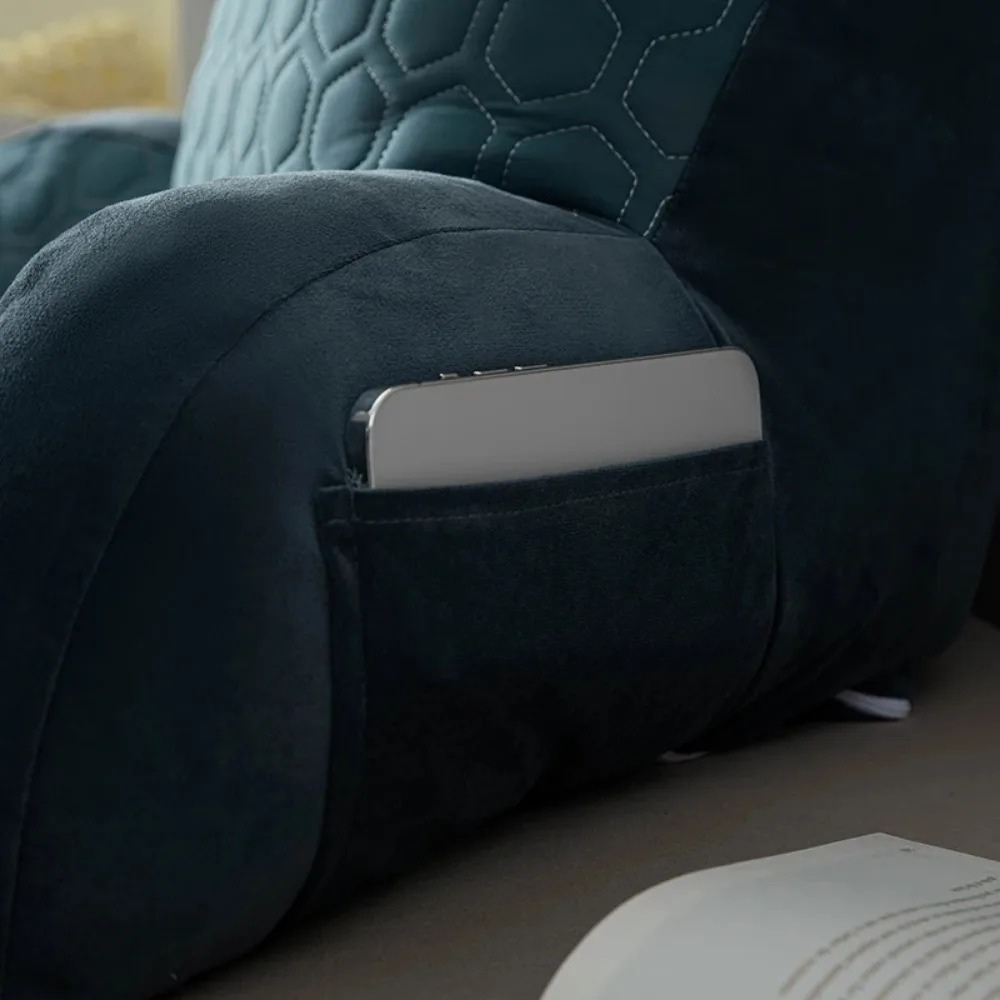 Getblissyneck reading pillow with phone pocket detail on dark fabric for comfortable support