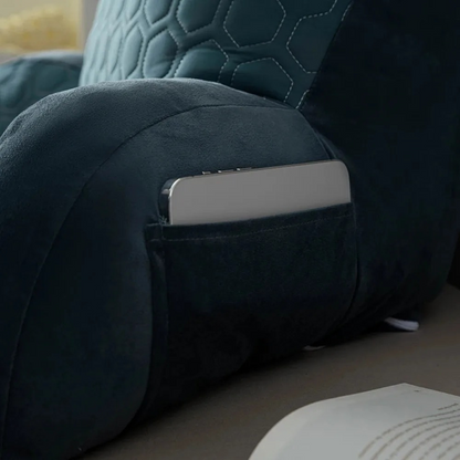 Getblissyneck reading pillow with phone pocket detail on dark fabric for comfortable support