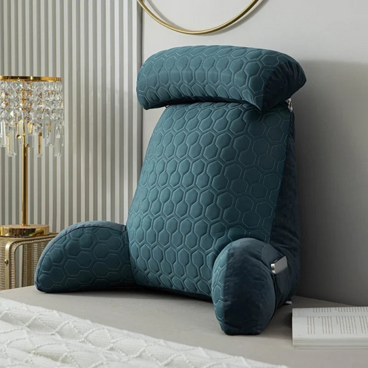 Blue quilted Reading Pillow with armrests and headrest for comfortable support on bed or floor