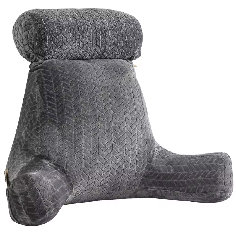 Gray Reading Wedge Pillow with soft textured fabric and attached cylindrical headrest for support