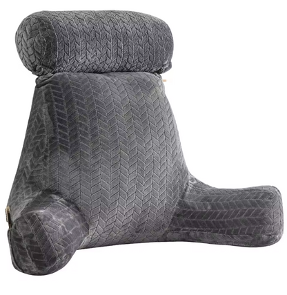 Gray Reading Wedge Pillow with soft textured fabric and attached cylindrical headrest for support