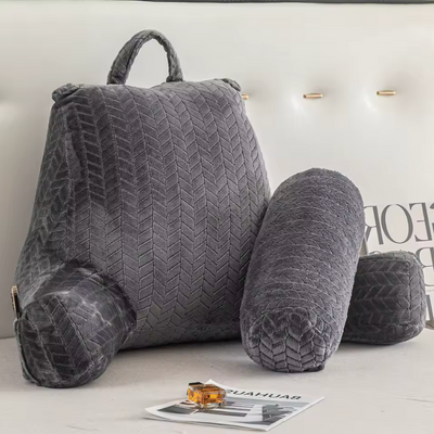 Gray plush Reading Wedge Pillow with armrests and handle for comfortable back and neck support