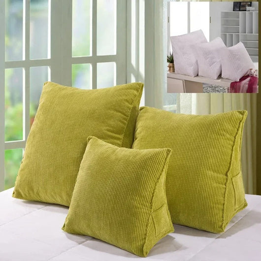 Green corduroy Wedge Headboard Pillow set with triangle support design on bed